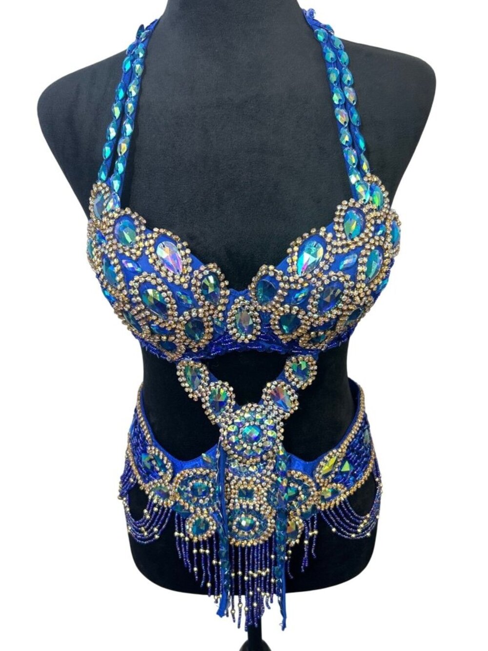 Belly Dancing Costume Halloween Blue Rhinestone Beaded Jewels Sz M Bra Belt Set